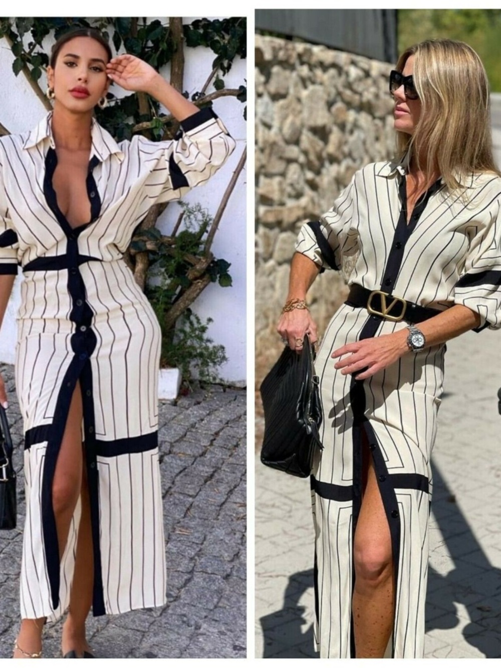 Zara Medium Striped Long Button-Front Dress in Cream and Black - Picture 3 of 6